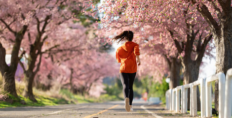 Asian woman exercise in the morning She is running at Sakura Park.