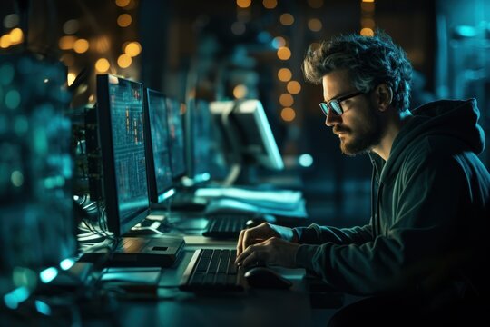A coder, a developer-oriented in glasses working on a computer to view programming code information. cyber security digital technology reflected