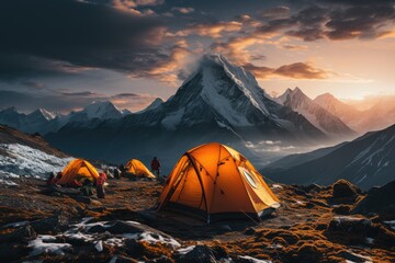 Summit Pause: Tents and Climbing Tools at Mountain's Base, Tales of Triumph and Challenges Shared in Silence Generative AI