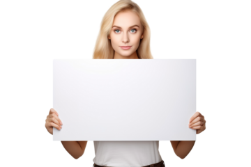 a beautiful blonde woman holding a blank placard sign poster paper in her hands. empty space for editing and ads. isolated on white background PNG