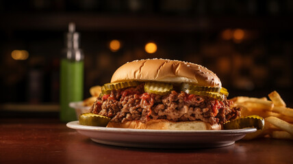 A midwestern loose meat sandwich on a kitchen table or in a restaurant. - obrazy, fototapety, plakaty