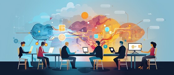 colorful creative agency business brain storm meeting people with icon line presentation young people team discussing roadmap, Generative ai