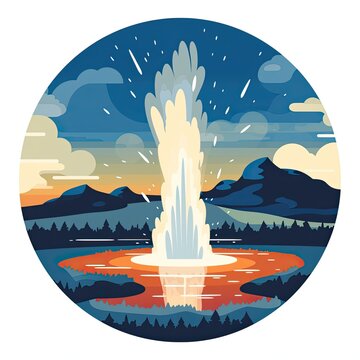 Strokkur Geysir geyser in Iceland, cartoon flat style artwork. Circular illustration badge