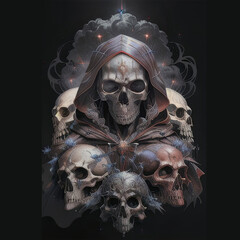 Horror Illustrated Skulls Surrounding Skull in Cloak Background Wallpaper