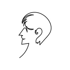 One line drawing abstract man face. Side view sketch. Young man with long bangs and glasses. Black and white minimalist linear portrait