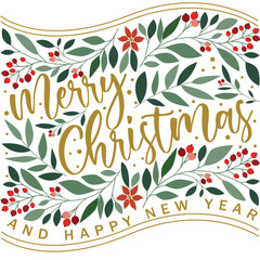 Illustration vector of Christmas greetings card with Merry Christmas letter and holly leaf