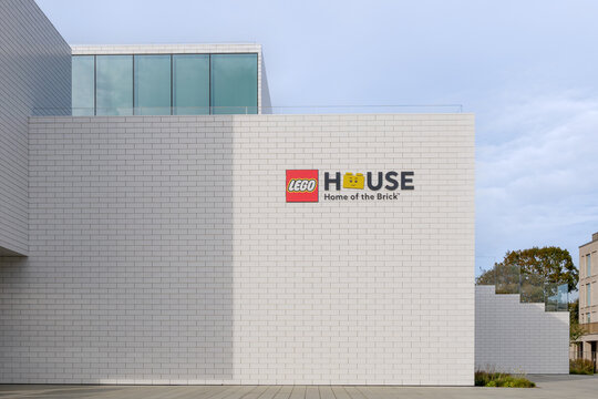 Billund, Denmark - 06 OCTOBER 2022: Outdoor exterior view at the entrance of LEGO HOUSE.