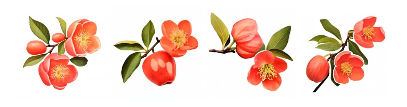 Set of Chaenomeles Speciosa Flower and Fruit Sticker, bright orange flowers and fruit