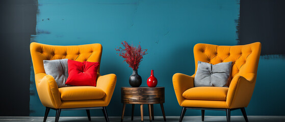 Suprematism style interior design of modern living room with red and yellow armchairs against of colorful vibrant wall.