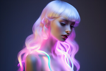 High Fashion model with shiny hair under neon flickering lights
