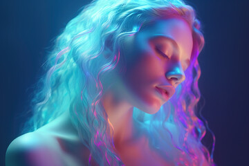 High Fashion model with shiny hair under neon flickering lights