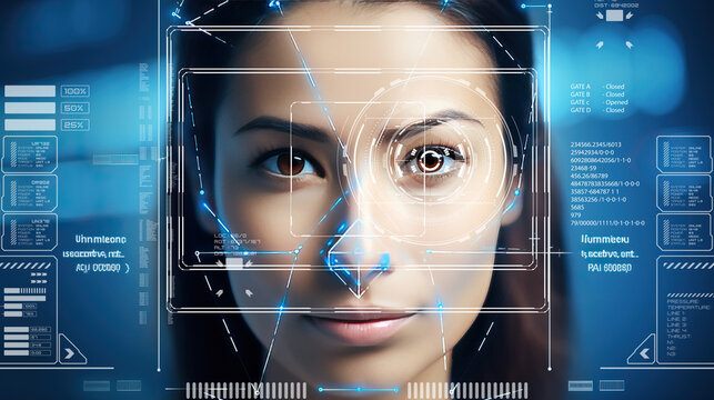 human face scrutinized with biometric analysis with a  facial recognition program, generative ai