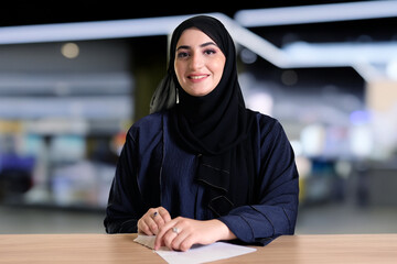 Woman in Hijab Abaya working at office doing task work. On duty Emirati lady holding a paper with...