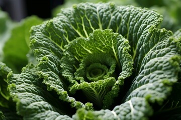 Closeup of fresh savoy cabbage growing in vegetable garden