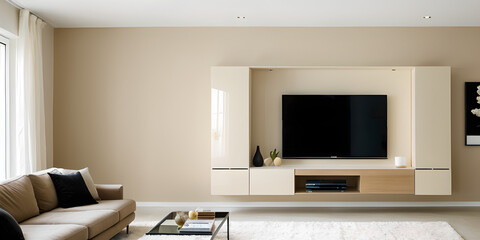 Fototapeta premium Smart TV on the cream color wall in living room,minimal design. Modern minimalist home
