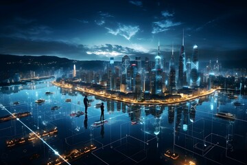Naklejka premium Double exposure of modern city at night and futuristic network connection concept