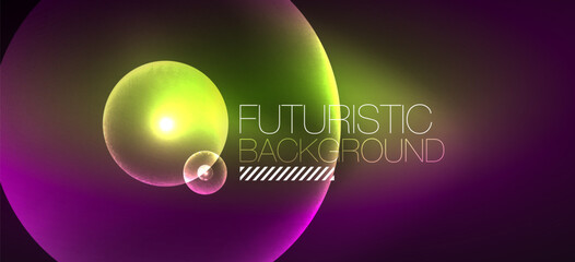 Shiny neon geometric abstract background. Glowing lights on round shapes, triangles and circles. Wallpaper for concept of AI technology, blockchain, communication, 5G, science, business