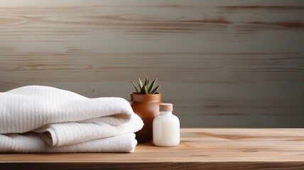 Obraz na płótnie Canvas Towels with shampoo, conditioner, shower milk and handmade soap on neutral background. Spa concept.