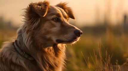 Close up photo of brown basque shepherd dog sit and look straight forward with nature background. Generative AI technology. - obrazy, fototapety, plakaty