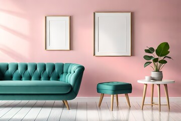 two wooden frames on pink and white wall, frame mockup, 3d render, 3d illustration.