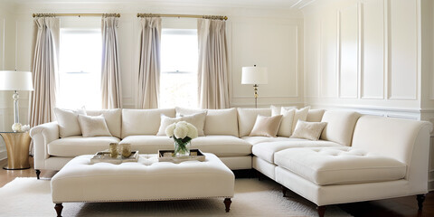 cream interior design, a cream, neutral colour palette, decadence, luxury lounge room, a white velvet, buttoned chaise lounger, a large corner sofa with comfortable plush pillows. luxury living room