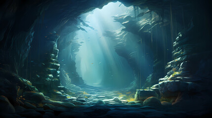 A mysterious underwater hideaway where eels twist and turn amidst rocky crevices - obrazy, fototapety, plakaty