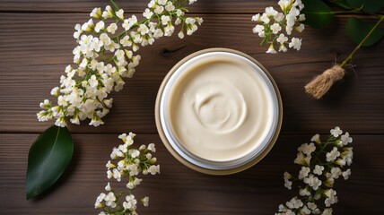 Obraz na płótnie Canvas top view of cream with flowers on neutral background. Spa concept.