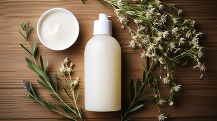 Obraz na płótnie Canvas skin care product bottle, lotion ,shampoo, facewash with floral background