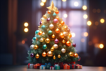 Fototapeta na wymiar Christmas tree decoration with lights bokeh blurred background, AI generate