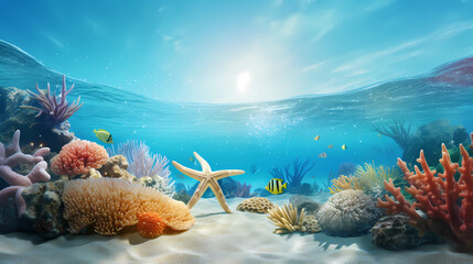 An enchanting scene of starfish adorning the ocean floor - obrazy, fototapety, plakaty