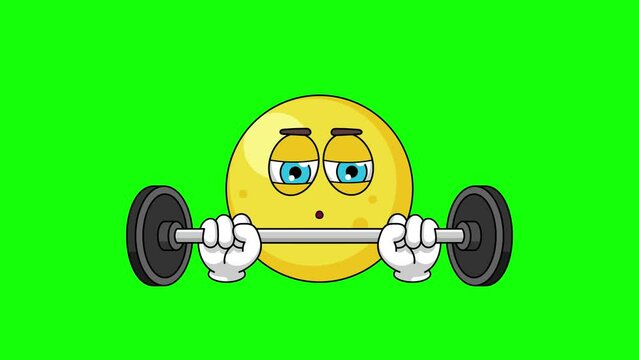 Yellow emoticon character is in gym with barbell