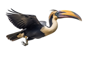 Image of a hornbill is flapping its wings fly on a white background. Wild Animals. Birds. Illustration. Generative AI.