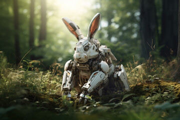 Image of rabbit electronic gundam robot technology in the forest. Wildlife Animals. Generative AI. Illustration.