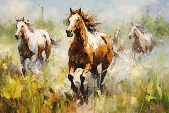 Beautiful painting of herd of horses is running in the middle of the meadow. Wildlife Animals. Illustration, Generative AI.