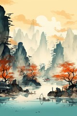 Chinese painting style landscape. Asian traditional culture illustration drawing Photo