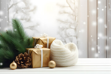 Christmas gift boxes decoration with white wood wall room background, Christmas composition copy space, AI generate