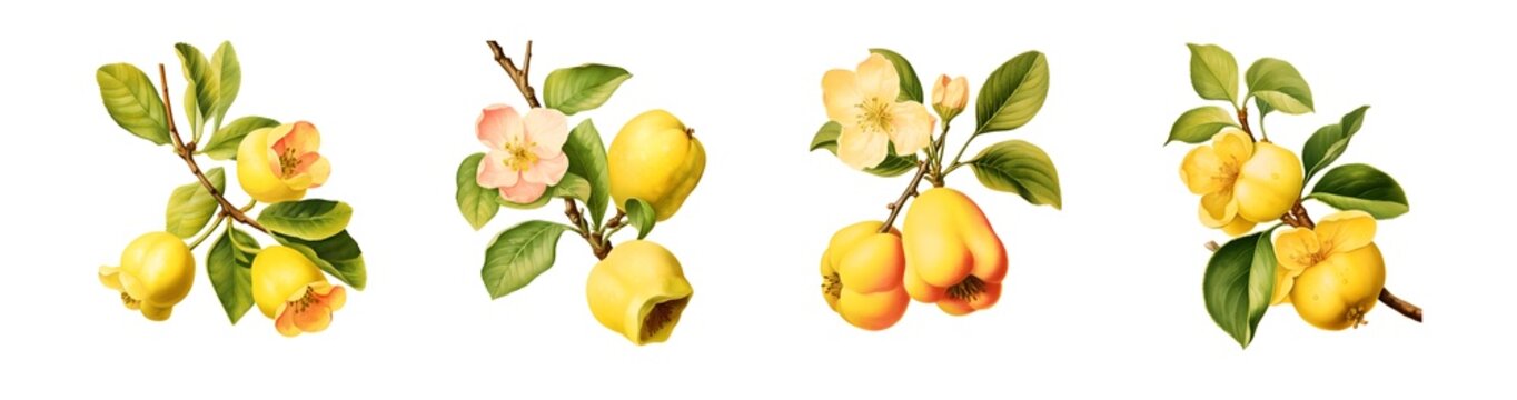 Quince Fruit and Bloom Isolated, Set of illustrations depicting the life cycle of quince fruit, from delicate blooms to mature fruit