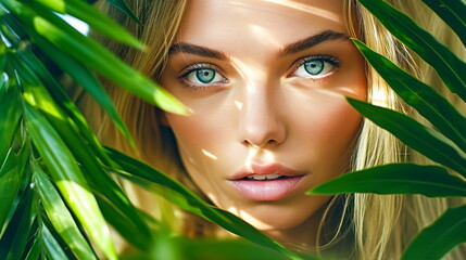 Fototapeta premium Close-up of a young woman with long hair, peeking out from vibrant tropical leaves with sun glare on her face.