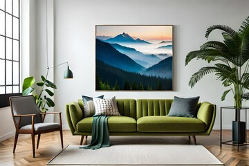 Leaves poster on white wall above green sofa with pillows and blanket in spacious living room interior with plants