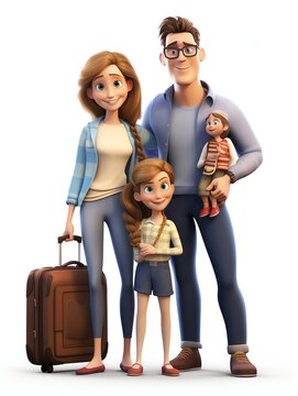 Happy Family with Baby People Standing Holding Hands isolated on white background 3D rendering illustration. Mother Father Daughter Son go to travel.
