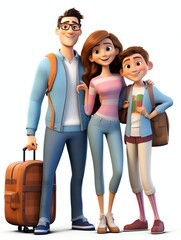 Obraz premium Happy Family with Baby People Standing Holding Hands isolated on white background 3D rendering illustration. Mother Father Daughter Son go to travel.