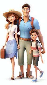 Happy Family with Baby People Standing Holding Hands isolated on white background 3D rendering illustration. Mother Father Daughter Son go to travel.