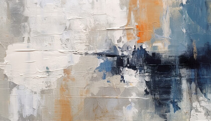 abstract oil painting with light pastel colors, oil on canvas  white, marine blue and amber orange, wallpaper, background, use of palette knives, realistic hyper-detail, expressive brush strokes