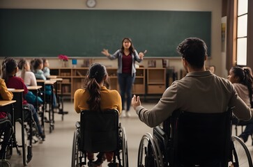 Dos personas en silla de ruedas dentro de un salon de clases - obrazy, fototapety, plakaty