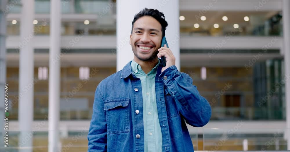Poster talking, phone call and a man in a building for communication, chat or conversation with connection.