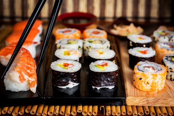 Sushi Set and sushi rolls, maki and nigiri sushi