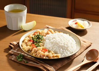 Rice and meat in a plate, mixed food, Chinese fast food, indoor