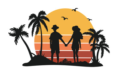 silhouette of girl and boy holding hands and looking at orange sunset vector