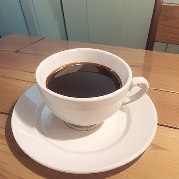 Cup of black coffee in white porcelain, on a wooden table, in a home environment