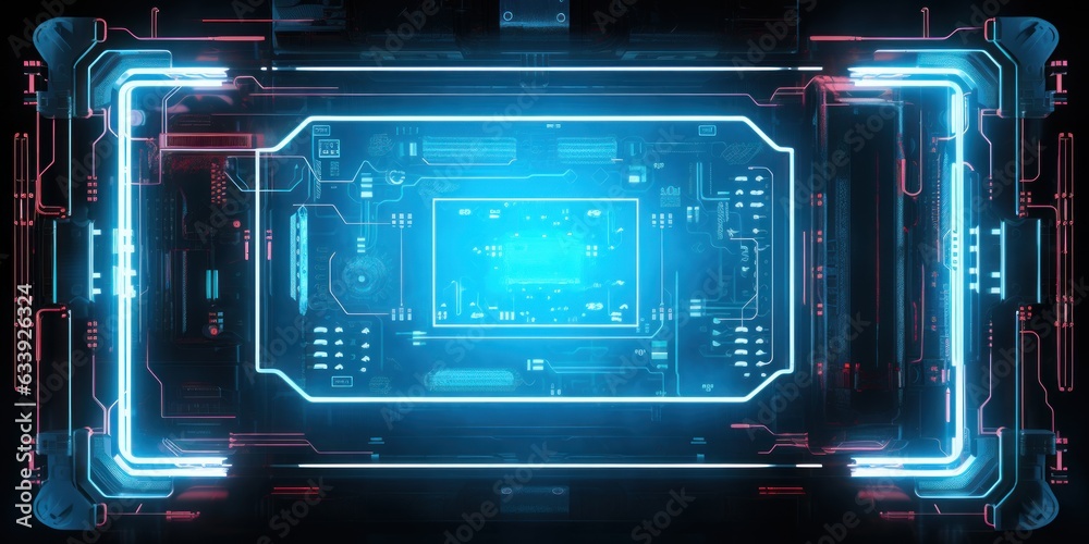 Wall mural computer neon microchip of quantum technology of the future. ai generation
